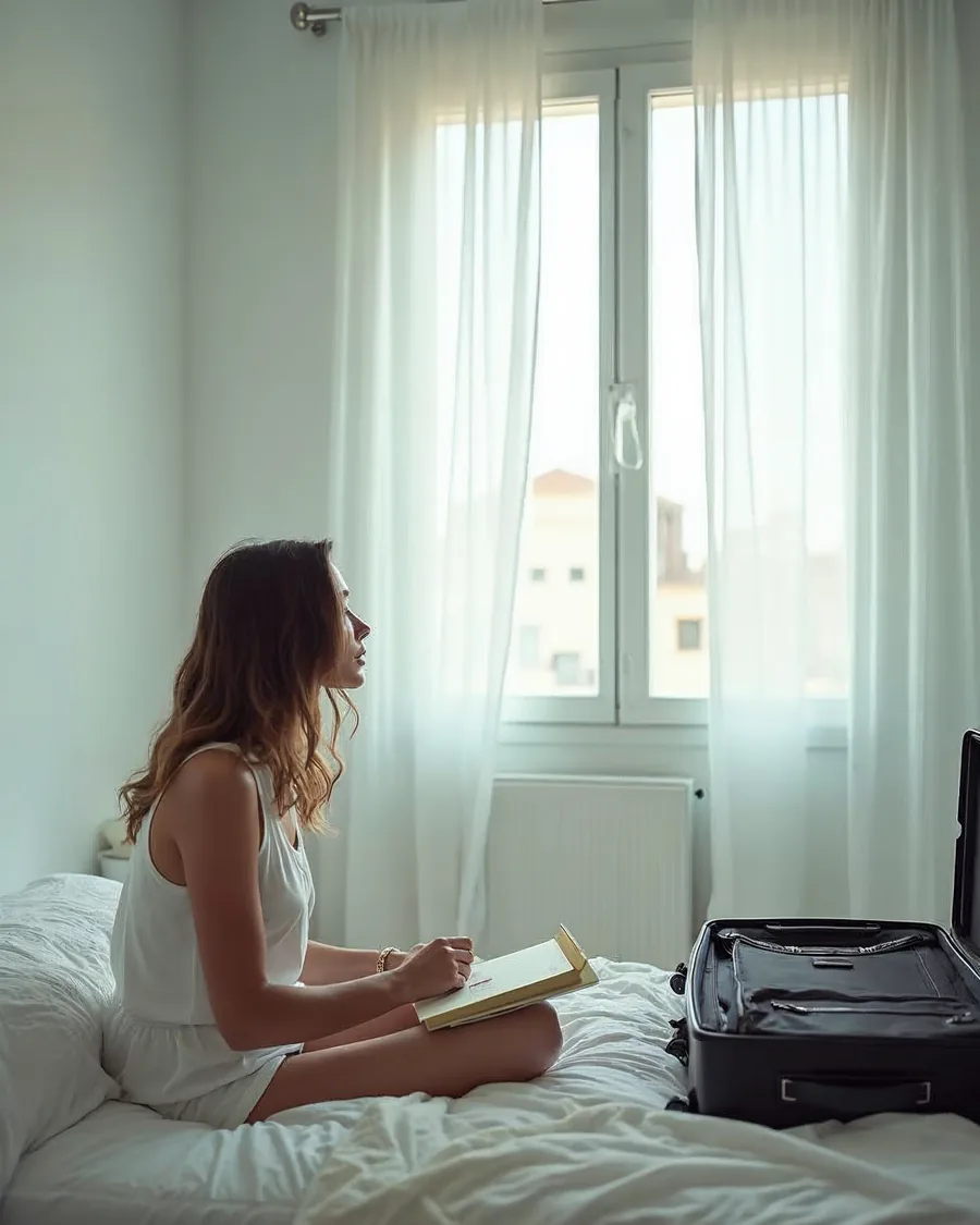 Mujer joven sentada en la cama de una habitación blanca y luminosa, con un cuaderno en el regazo y una maleta abierta a su lado, mirando hacia la ventana.