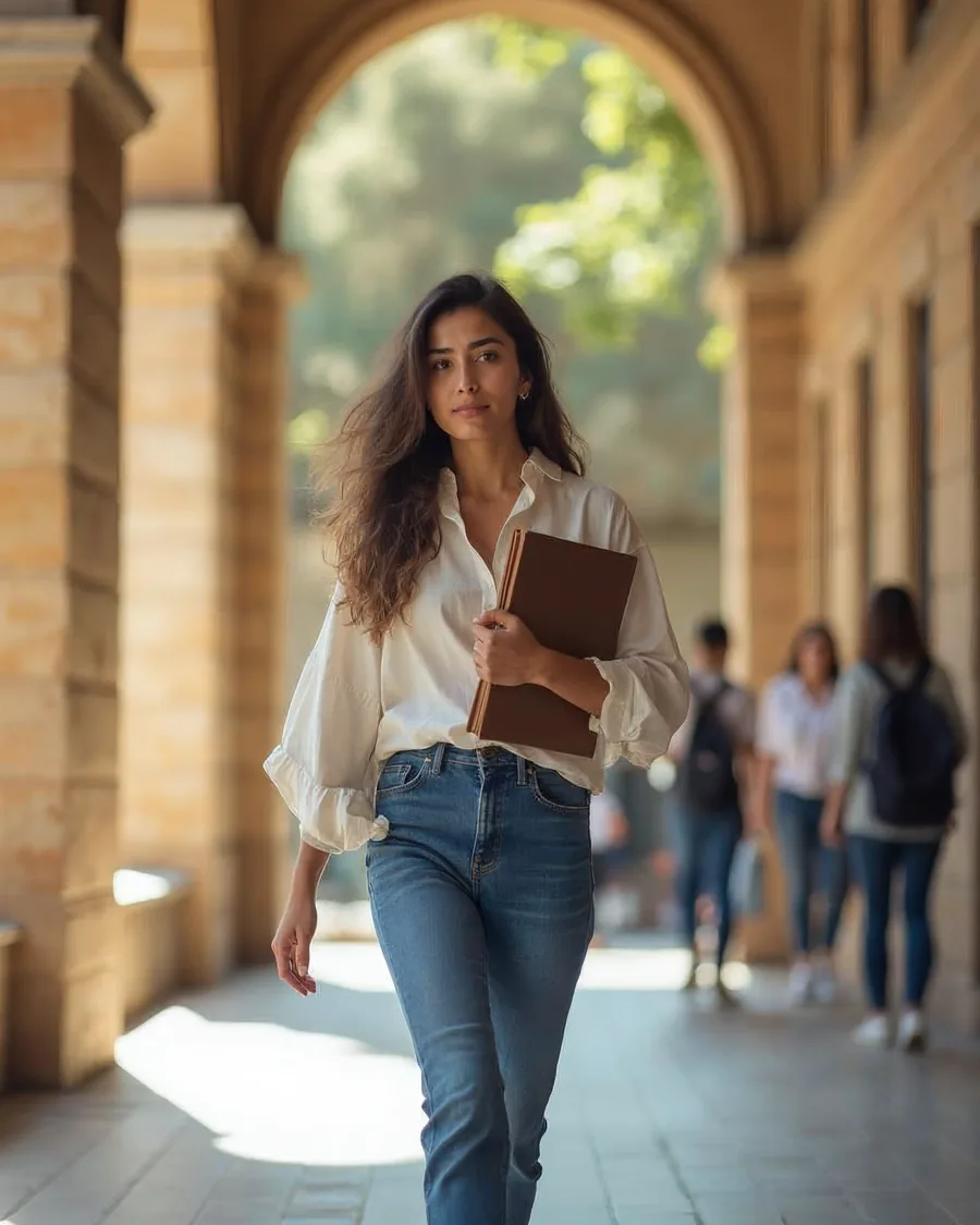 Mujer joven con camisa blanca caminando por el claustro de piedra de una universidad, con una carpeta contra el pecho y estudiantes desenfocados detrás.