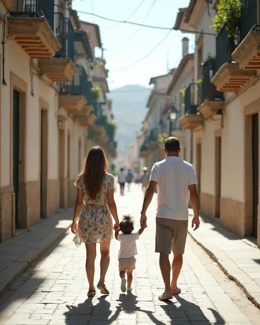 Madre, padre y un niño pequeño de la mano entre los dos, caminando de espaldas por una calle soleada de casas bajas con balcones.