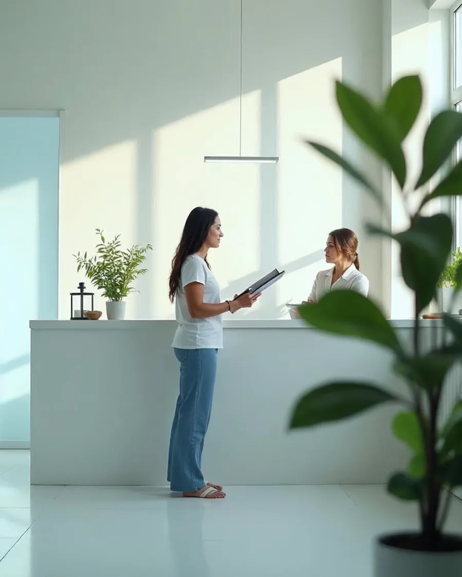 Mujer joven con una carpeta en la mano hablando con la recepcionista en el mostrador de una clínica pequeña y luminosa, con plantas alrededor.