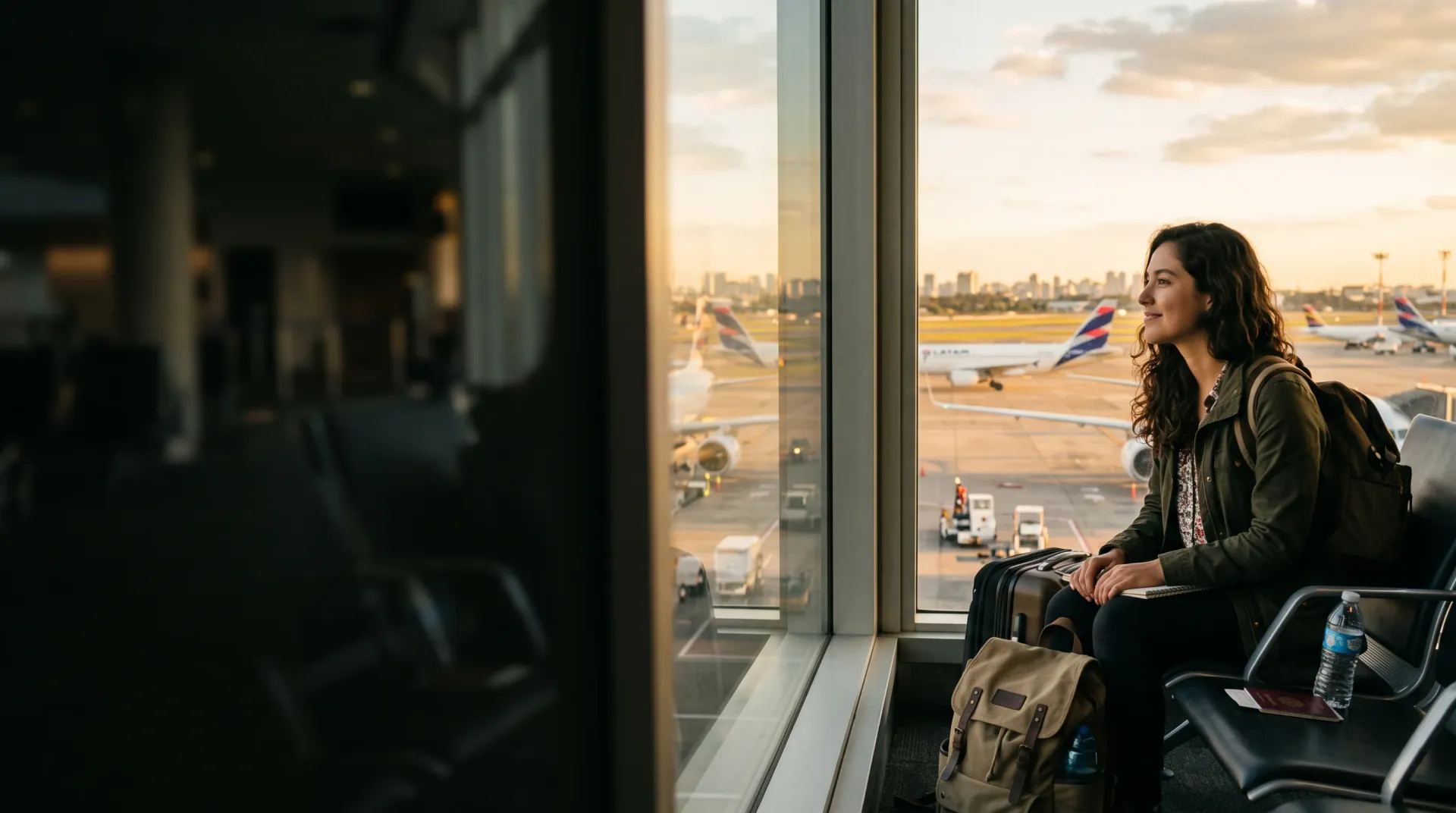 Mujer con maleta y pasaporte mirando la pista desde la sala de embarque de un aeropuerto latinoamericano al atardecer.