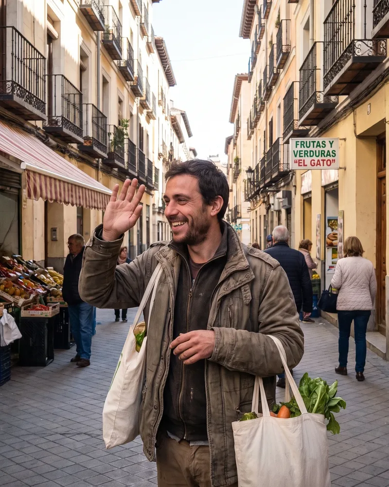 Hombre con bolsas de la compra saludando a un vecino en una calle de barrio en España.