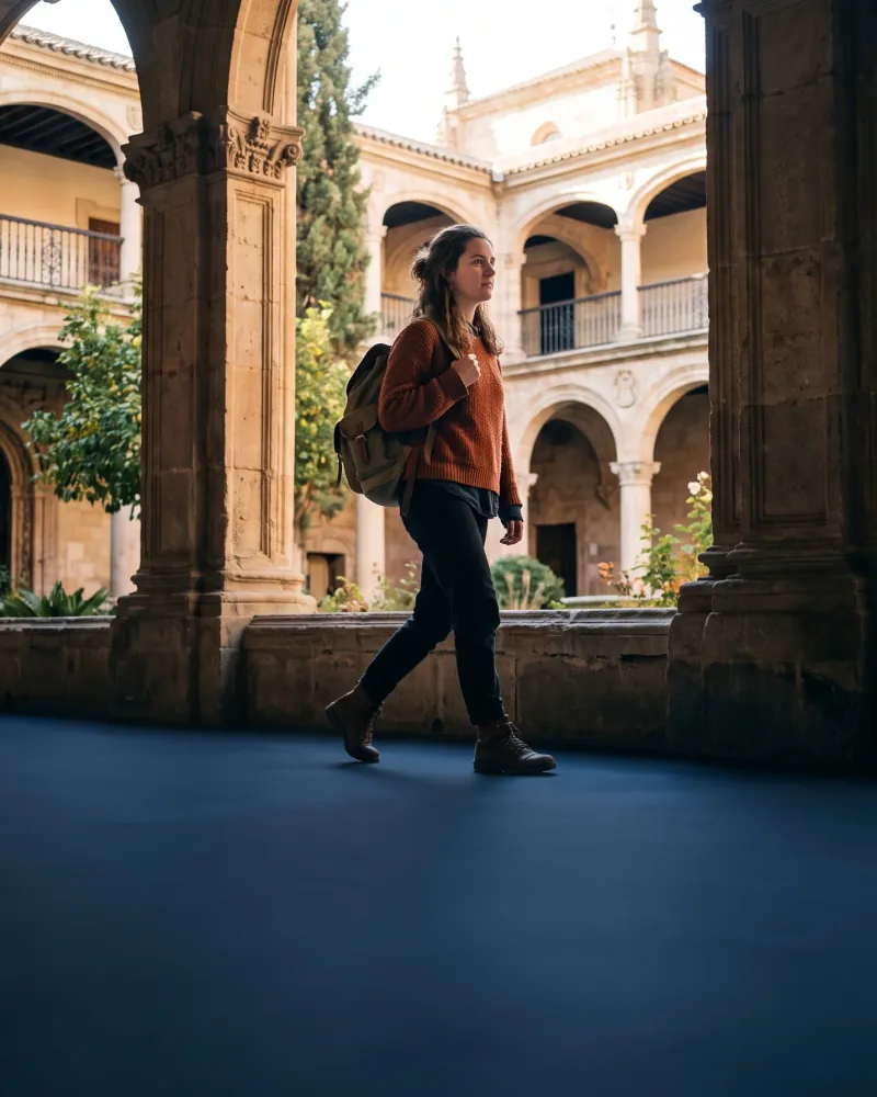 Estudiante con mochila cruzando el claustro de una universidad histórica española.