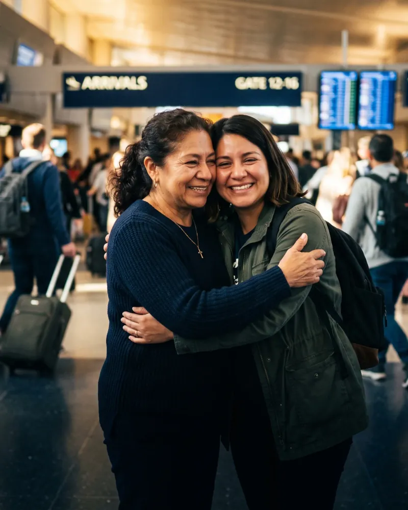 Madre e hija abrazadas en la zona de llegadas de un aeropuerto.