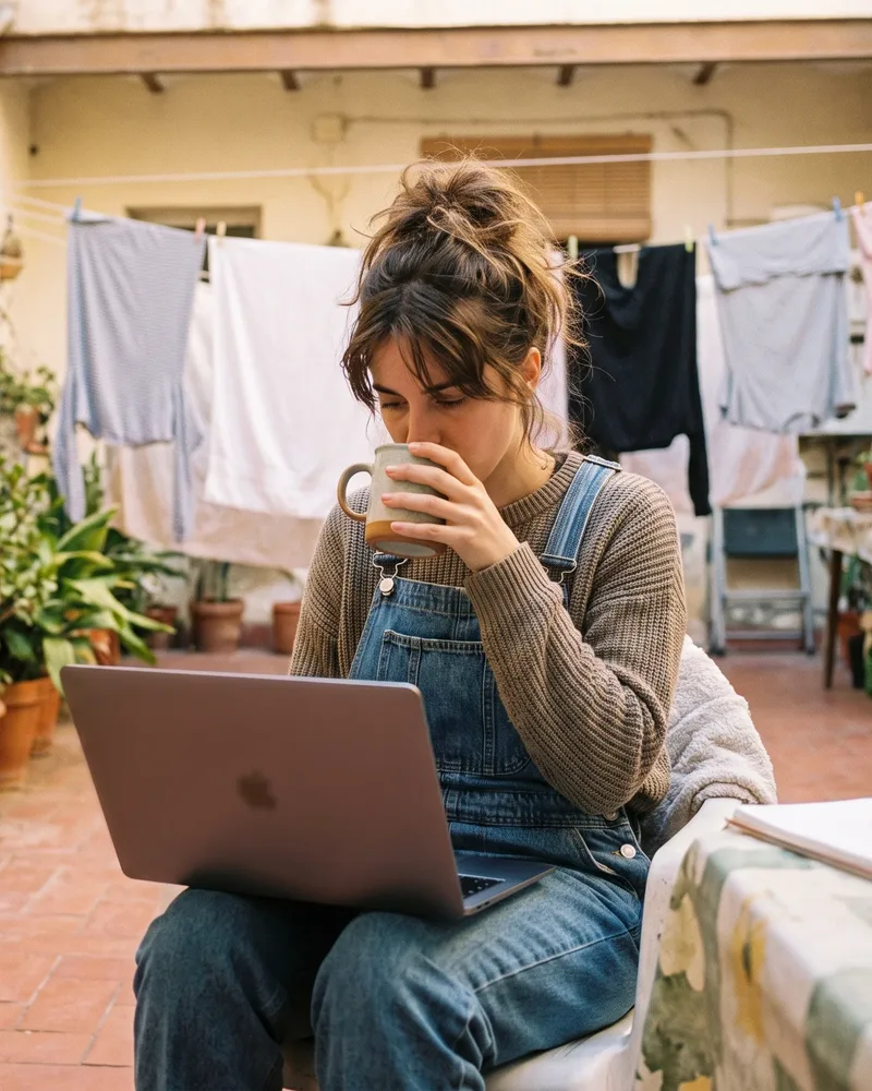 Mujer joven trabajando con el portátil y un café en el patio de una casa en España.